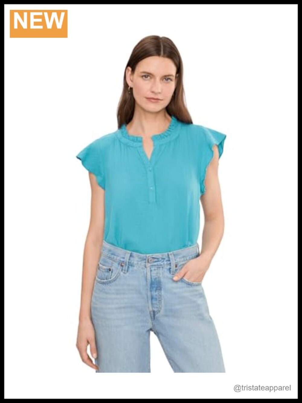 Gauze Flutter Cap Sleeve Ruffle Neck Henley Shirt